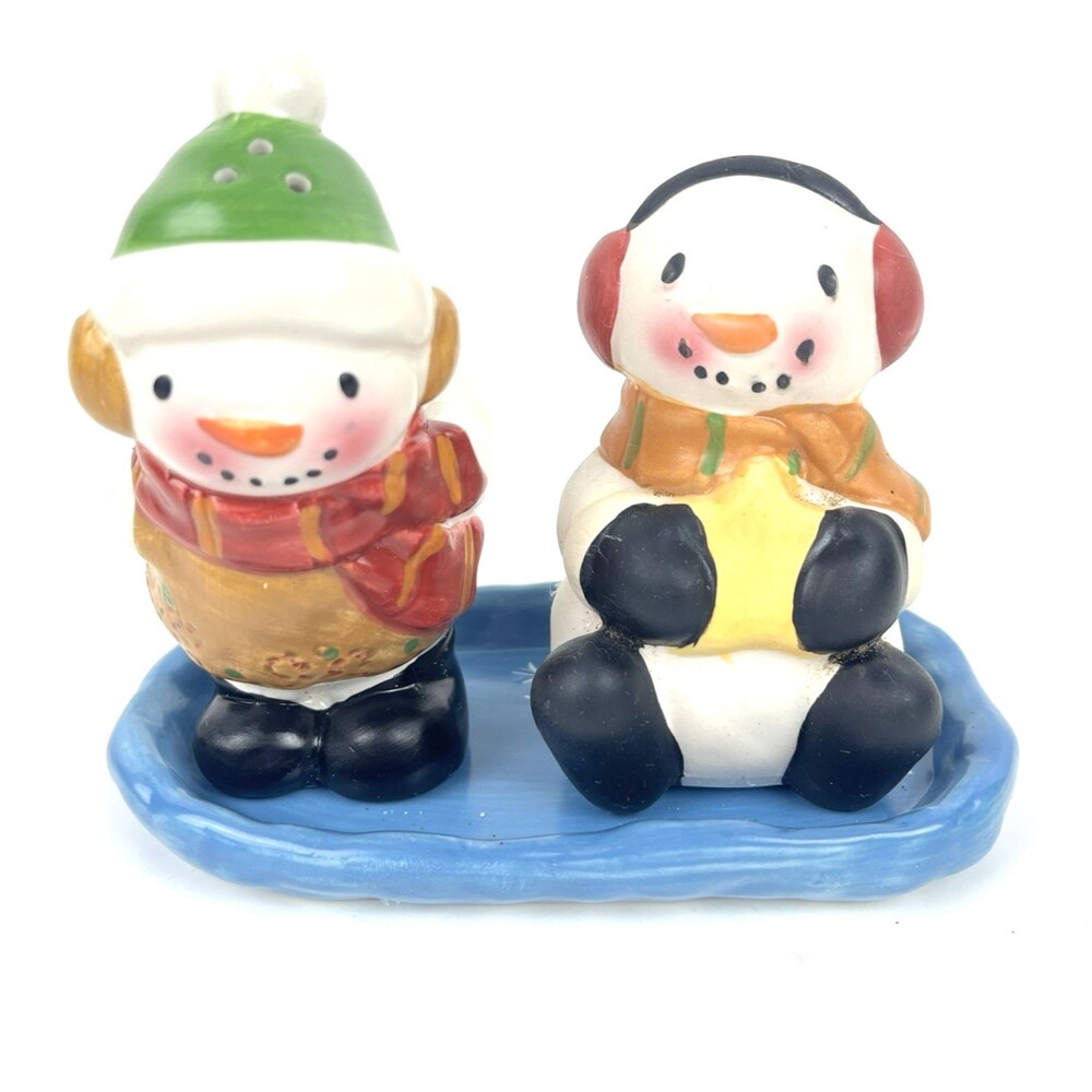 VTG Snowman Salt & Pepper Shakers Blue Ceramic Tray Christmas Holiday Nostalgia